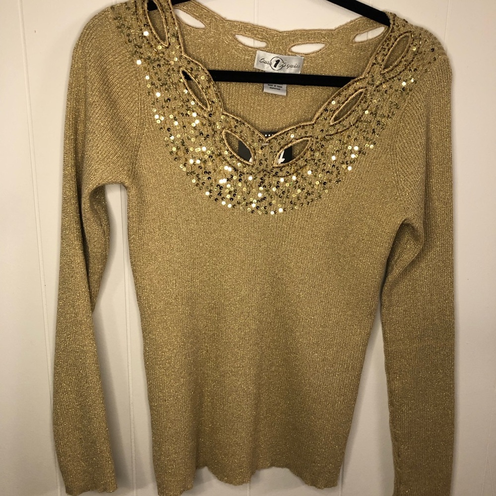 Metallic Gold Embellished V-Neck Sweater by Laura Ashley